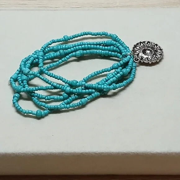 Handmade Turquoise Tone Beaded Bracelet w/ Sunflower Pendant Fashion Jewelry #48 - Picture 7 of 8